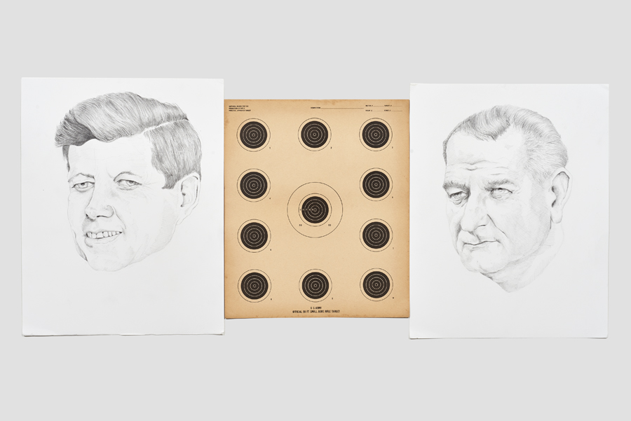 Travis Somerville "Presidentail Suite", 2016-2017, graphite on paper and practice targets, 99 individual elements (detail)